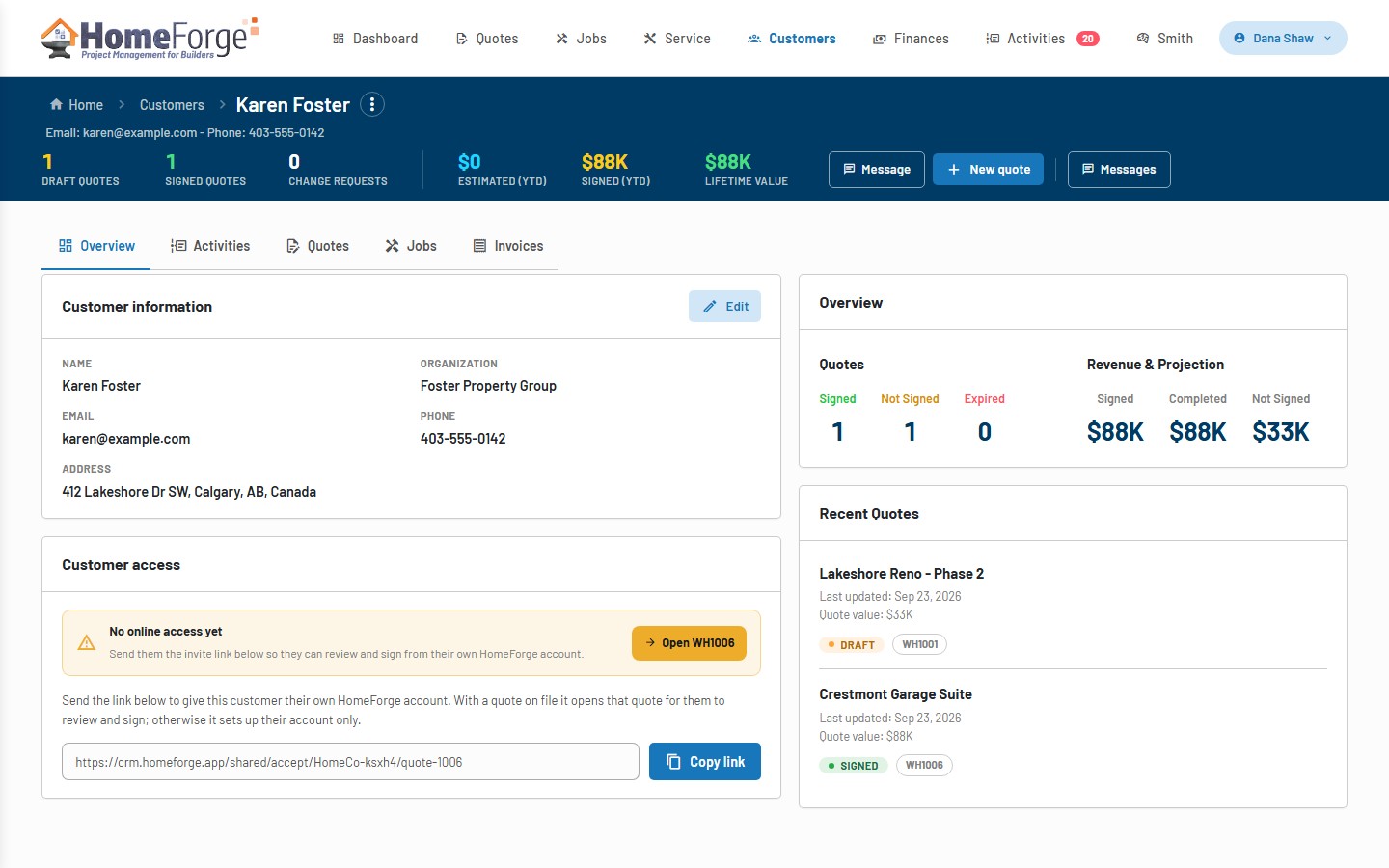 Customer detail page with online access