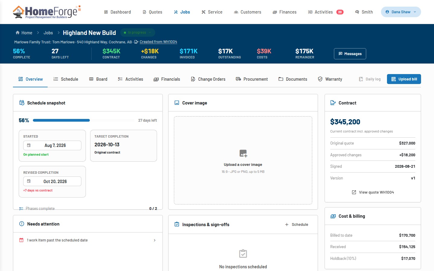 Job detail with schedule snapshot and contract