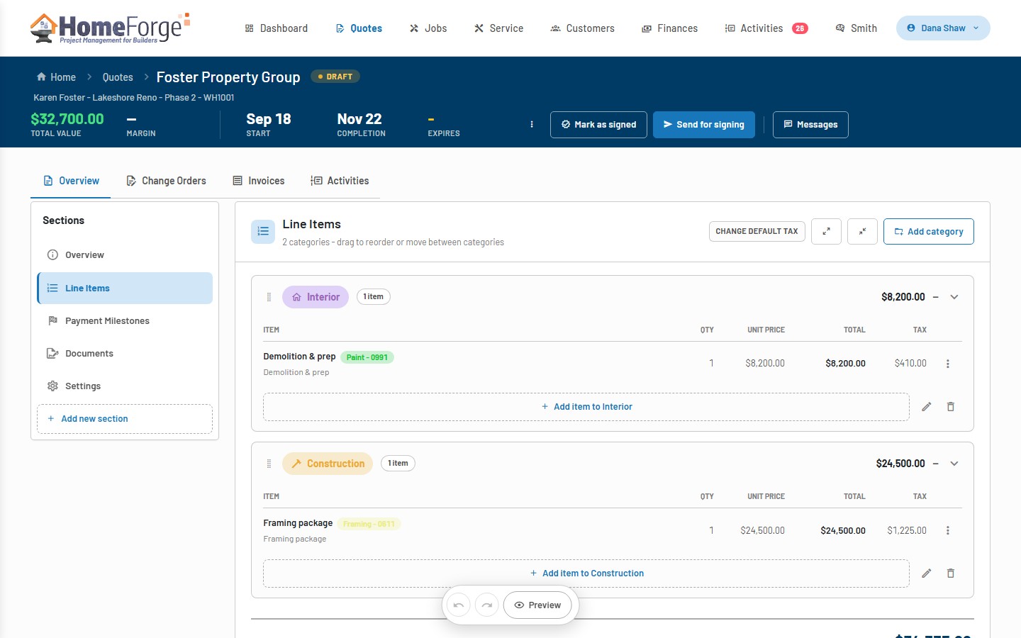 Quote editor with categories and line items
