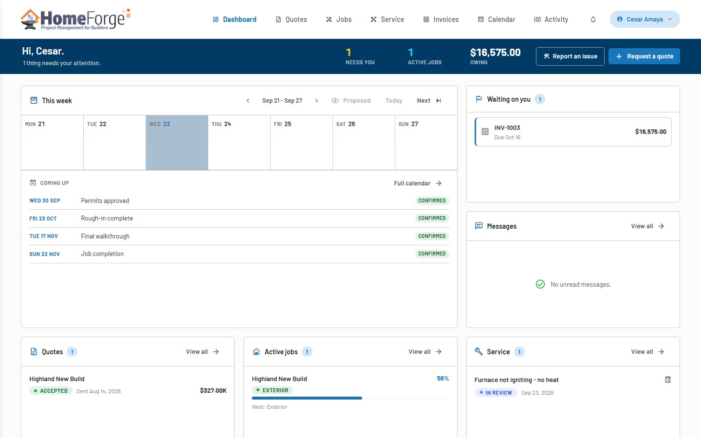 Customer account home with calendar, invoices and messages